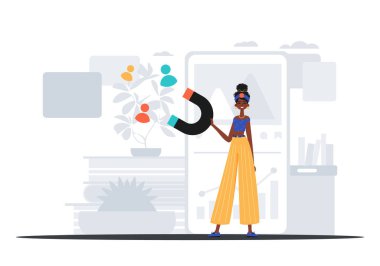 Kız arkadaşı briç oyuncusunun içinde bir devre kartı tutuyor, bu da bağlantıyı çekiyor. Saat konsepti. Moda tarzı, Vektör İllüstrasyonu