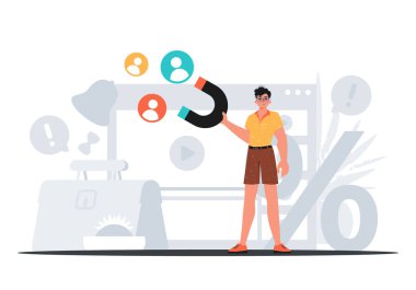 Adam briç oyuncusunda bir çizim menüsü tutuyor, bu da onu çekiyor. Saat konsepti. Moda tarzı, Vektör İllüstrasyonu