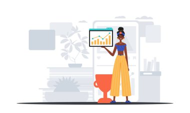 Kız arkadaşı rehber üzerinde artı ahlaki etkisi olan bir grafik tutuyor. Dijital konsepti ticarileştir. Moda tarzı, Vektör İllüstrasyonu