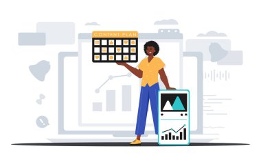 Dünya onun elinde bir mesaj planı tutuyor. Dijital pazarlama konsepti. Moda tarzı, Vektör İllüstrasyonu