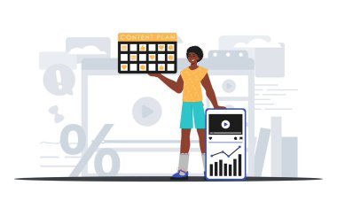 Kiralık adamının elinde bir mesaj tasarımı var. Dijital market konsepti. Moda tarzı, Vektör İllüstrasyonu