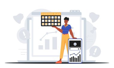 Adamın elinde bir mesaj plânı var. Dijital pazarlama konsepti. Moda tarzı, Vektör İllüstrasyonu