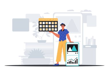 Blase konsültasyonu işe aldığı adamda bir mesaj tutuyor. Dijital market hafızası konsepti. Moda tarzı, Vektör İllüstrasyonu