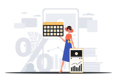 Dişi çocuk, onun el yazısıyla bir taslak tutuyor. Dijital konsepti ticarileştir. Moda tarzı, Vektör İllüstrasyonu