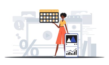 Dişi çocuk onun el yazısıyla bir kapasite planı tutuyor. Dijital konsepti ticarileştir. Moda tarzı, Vektör İllüstrasyonu