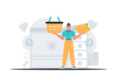 Adam briç oyuncusunda domuz kumbarası ve damgalama sepeti tutuyor. Dijital market konsepti. Moda tarzı, Vektör İllüstrasyonu