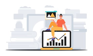 Film ve büyüme grafiği olan adam. Yetenekli skor planının baskısı. Dijital konsepti ticarileştir. Moda tarzı, Vektör İllüstrasyonu