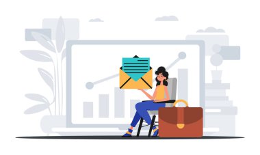 Kız arkadaşı bir elektrik profesöründe oturuyor ve elinde bir zarf tutuyor. Saat konsepti. Moda tarzı, Vektör İllüstrasyonu