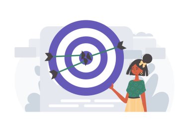 Kadın çocuk, elinde tuttuğu el yazısıyla meşguliyeti düşüren okla bir işaret tutuyor. Dijital konsepti ticarileştir. Moda tarzı, Vektör İllüstrasyonu