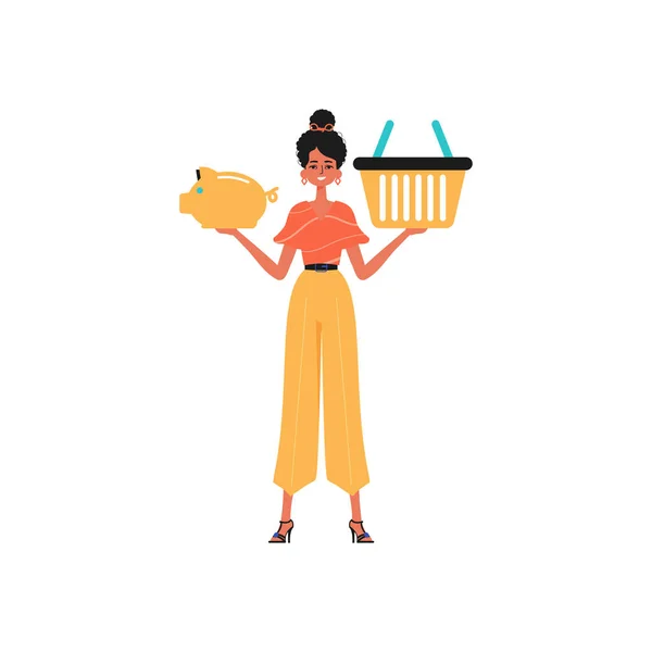 Girlfriend Holds Piggy Bank Shopping Basket His Hand Trendy Style — Stock Vector