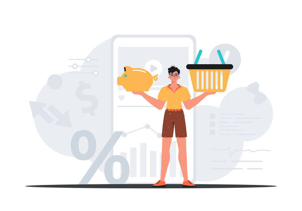 Парень держит свиную копилку и корзину для стигматизации в своем актере моста. Концепция цифрового рынка. Модный стиль, векторная иллюстрация