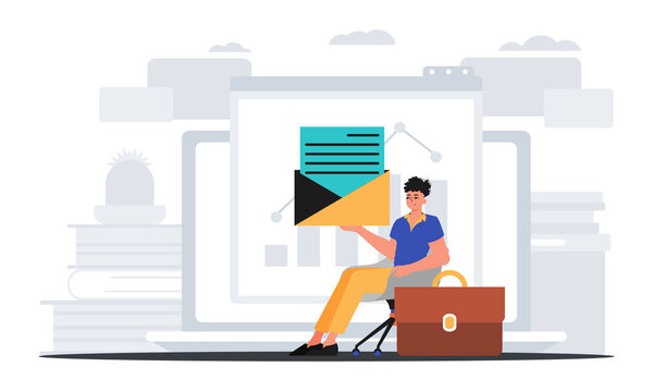 Гомик сидит в профессорской должности и держит в руках конверт. Концепция часа. Модный стиль, векторная иллюстрация