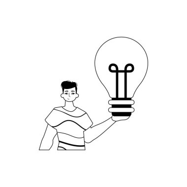 The Guy is holding a lightly drop abstemious bulb . appraisal concept . bootleg and White analogue stylus. Trendy style, Vector Illustration clipart