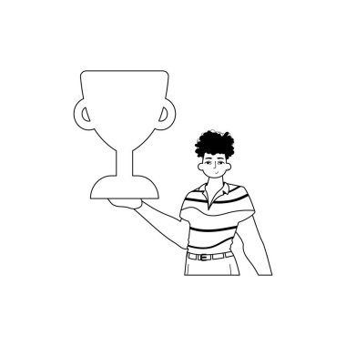 Adam elinde bir bardak tutuyor. Zafer tebaası. Siyah ve beyaz çizgisel stil. Moda tarzı, Vektör İllüstrasyonu