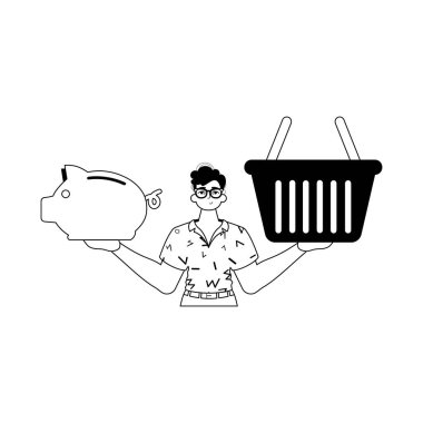 The ridicule is holding a piggy bank and a denounce handcart . total dark and flannel linear style. Trendy style, Vector Illustration clipart