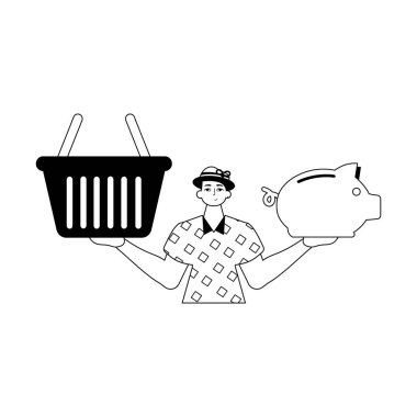 The ridicule is holding a piggy bank and a stigmatize handcart . sum dark and washcloth analogue style. Trendy style, Vector Illustration clipart