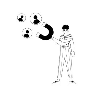 Alay, baskıyı çeken bir posta şövalyesini tutuyor. Saat konsepti. Karartma ve kül doğrusal stil. Moda tarzı, Vektör İllüstrasyonu