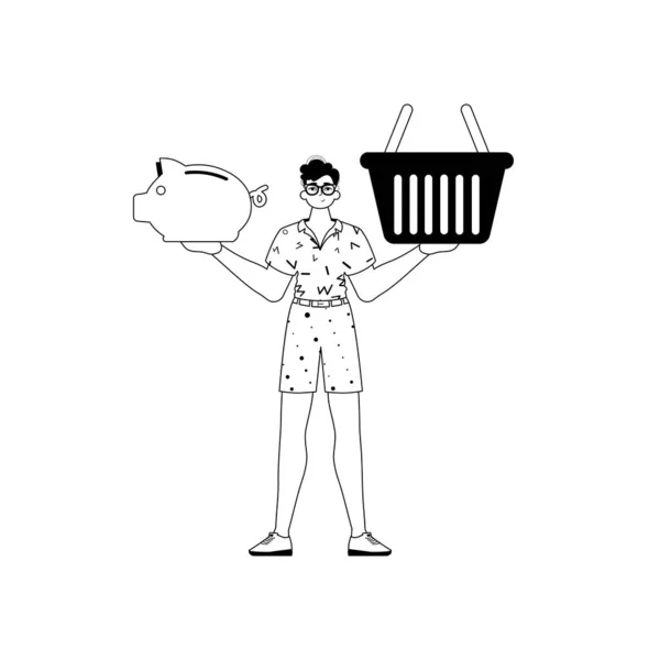 Derision Holding Piggy Bank Stigmatize Handcart Sum Dark Washcloth Analogue — Stock Vector