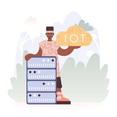 Man Getting a handle on the IoT Picture Inside parts the center of a Organize of Servers clipart