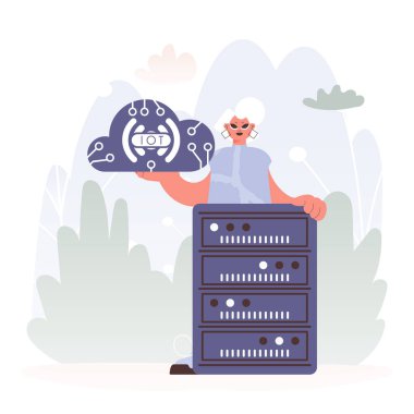 Genç bayan Sunucular Örgütü 'nün merkezindeki IoT Resmini ele alıyor.