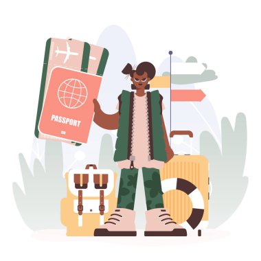 En önemli bilet için pasaportu ve sohbeti ile ilgilenen genç bayan.