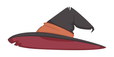 A witch's hat is a tall hat with a pointy shape that witches wear on their head. A Halloween hat that looks like the kind of hat people wear when they play baseball. Cartoon style, Vector Illustration clipart