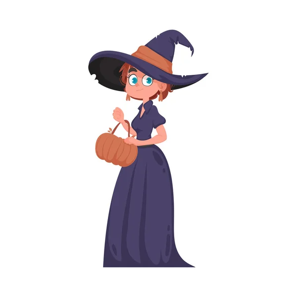 Girl Wearing Scary Witch Outfit Holding Pumpkin Halloween Theme Can — Stock Vector