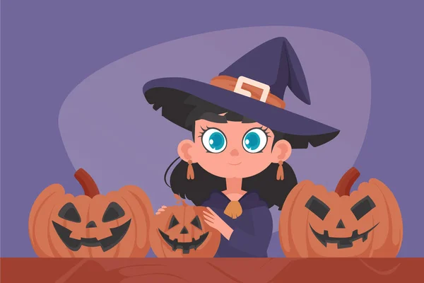 Ein Mädchen Hexenkostüm Halloween Sitzt Einem Tisch Mit Kürbissen Die — Stockvektor