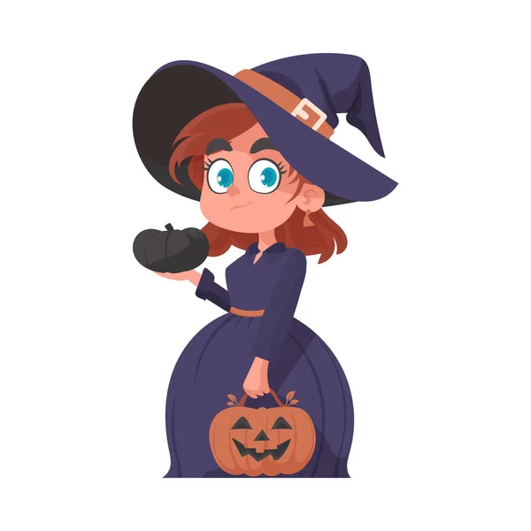 Little Girl Wearing Creepy Witch Costume Holding Pumpkin Halloween Theme — Stock Vector