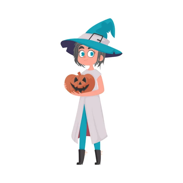 Egy Lány Fényes Boszorkány Ruhában Egy Tököt Tart Kezében Halloween — Stock Vector