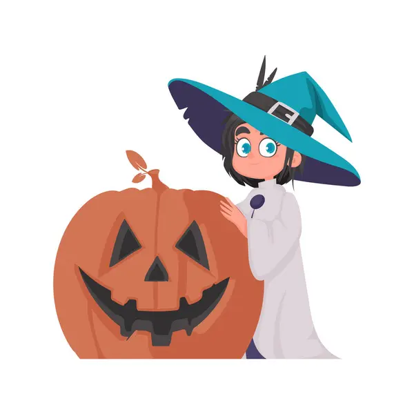 Dívka Sobě Kostým Čarodějnice Nese Pestrobarevnou Dýni Halloween Jedinečný Koncept — Stockový vektor
