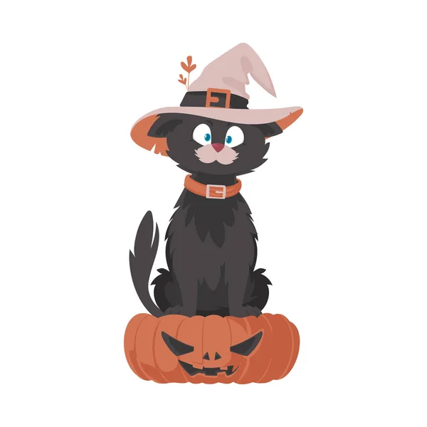 Legrační Černá Kočka Čarodějnickém Klobouku Sedí Dýni Halloween Téma Strašidelné — Stockový vektor
