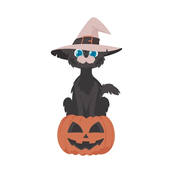 Cadı Şapkası Takan Komik Siyah Bir Kedi Bir Balkabağının Üzerinde — Stok Vektör
