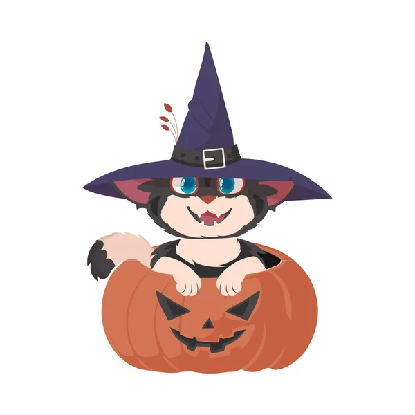 Fun Black Cat Wearing Witch Hat Sitting Pumpkin Halloween Theme — Stock Vector
