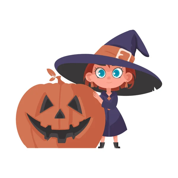 小さな女の子が不気味な魔女の衣装を着て 彼女はカボチャを運んでいる ハロウィーンのテーマは 楽しい時間を過ごし ハロウィーンに関連する楽しいアクティビティを行うことです — ストックベクタ