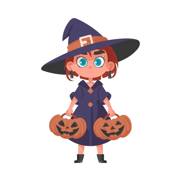 Little Girl Dressed Scary Witch She Holding Pumpkin Idea Halloween — Stock Vector