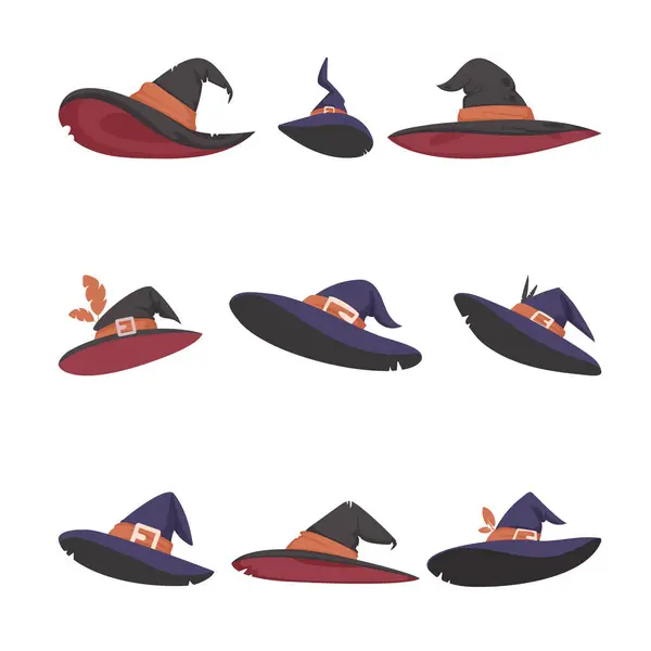 Large Collection Halloween Witch Hats Cartoon Style — Stock Vector
