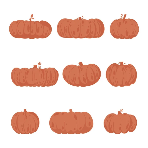 Large Group Pumpkins Fall Season Color Orange Cartoon Style — Stock Vector