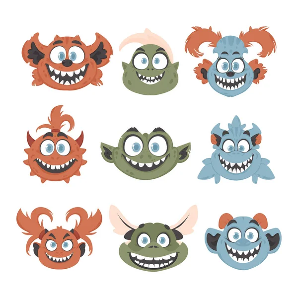 Enorme Coleção Expressões Monstruosas Bobas Divertidas Estilo Dos Desenhos Animados — Vetor de Stock