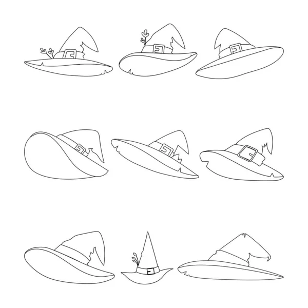 Lot Large Halloween Witch Hats Childrens Coloring Page — Stock Vector