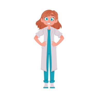 Kadın doktor özel giysilerini giydiğinde komik ve güzel görünüyor. Vektör İllüstrasyonu.