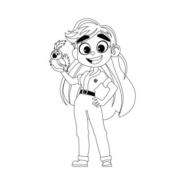 Hayvanlara bakan neşeli bir bayan ve büyük, enerjik bir papağanı var. Çocuk boyama sayfası.