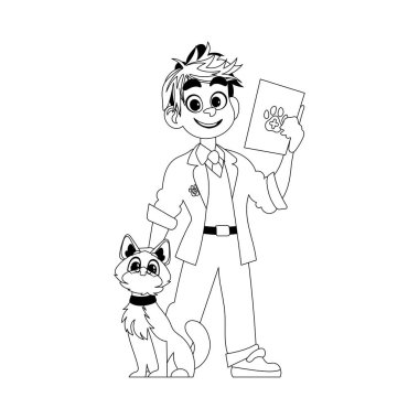 Hayvanlardan hoşlanan ve onlara bakan neşeli bir adam. Buna süper sevimli bir kedi de dahil. Çocuk boyama sayfası.