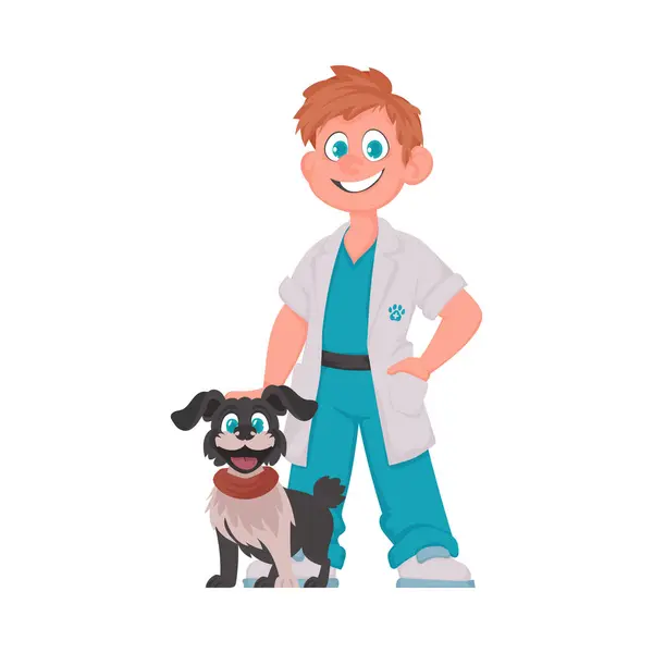 Médico Animal Feliz Que Cuida Cão Adorável Ilustração Vetorial — Vetor de Stock