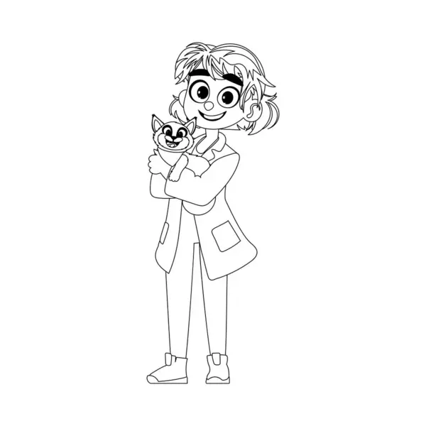 Happy Woman Animal Doctor Cute Cat Childrens Coloring Page — Stock Vector