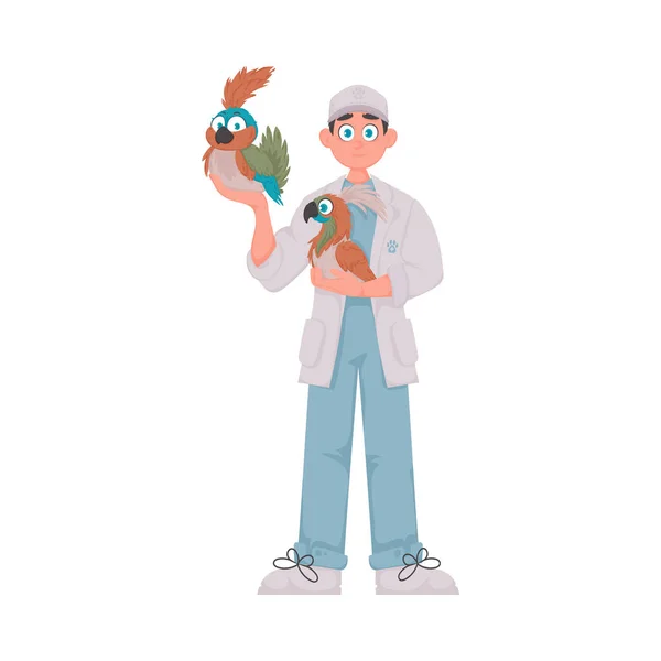動物の世話をする喜びに満ちた男と 大きくて鮮やかな色の鳥 ベクターイラスト — ストックベクタ