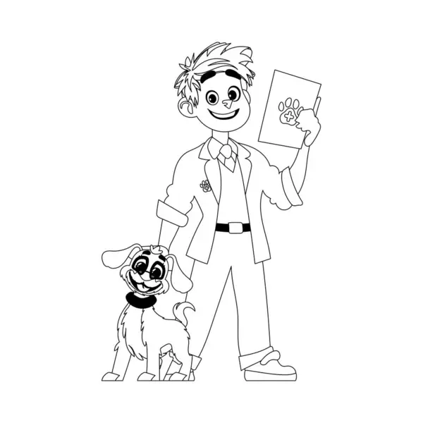 動物と本当にかわいい犬の世話をする幸せな男 子どもの着色ページ — ストックベクタ