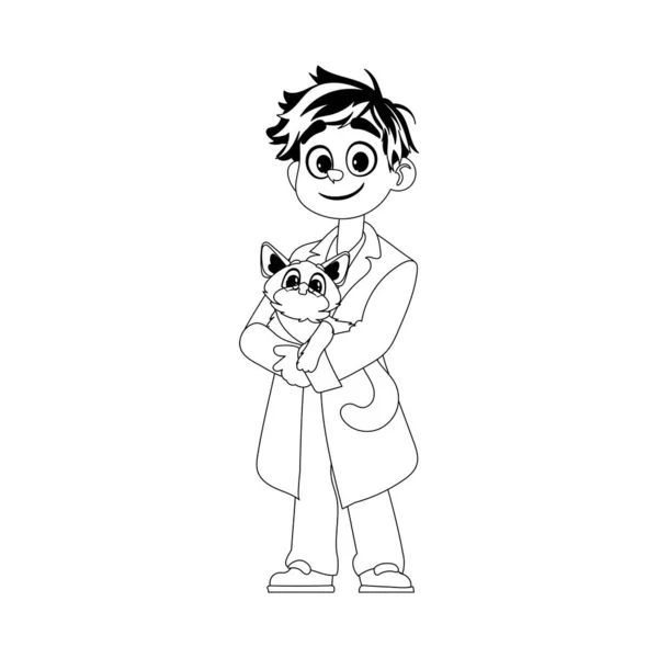 愛する猫のような動物の世話をする幸せな男 子どもの着色ページ — ストックベクタ