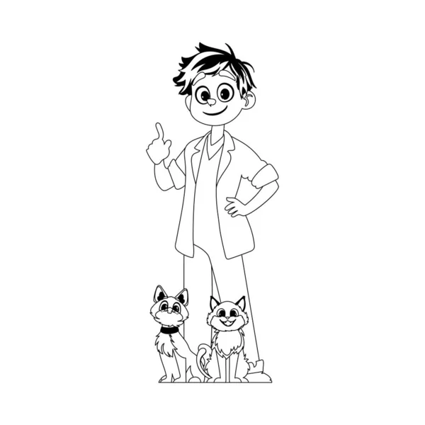 本当に愛らしい猫を含む動物の世話をする幸せな男 子どもの着色ページ — ストックベクタ