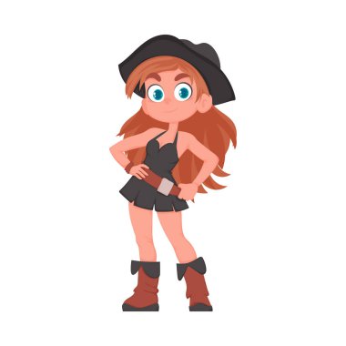 Komik ve sevimli kadın korsan. Korsan kostümlü bir kız. Çizgi film biçimi